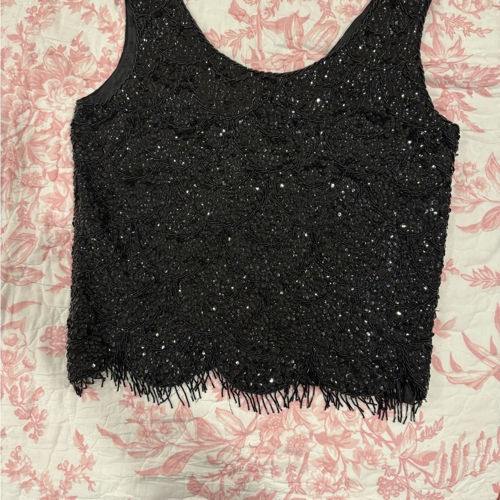 Vintage HONG KONG BLACK SPARKLY BEADED SEQUINS EVENING 100% WOOL
TOP SZE M - Picture 3 of 10